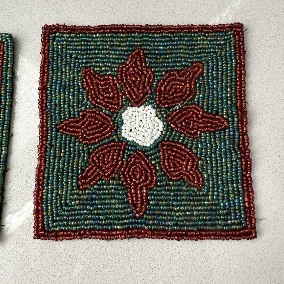 Crate & Barrel Set Of 4 Beaded Coasters Christmas Holiday 4” Square Fabric Back - Picture 2 of 7